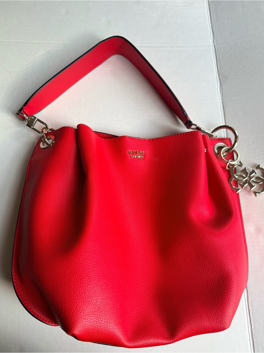 GUESS Bright Red Pebbled Shoulder Hobo with Logo Charm